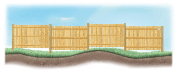 A stepped fence on sloped ground in Cross Roads Texas